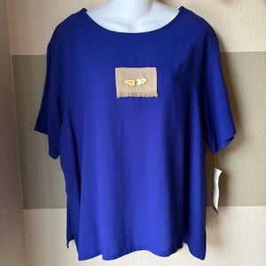 NWT Nino Wong Women XL Royal Blue Tee Short Sleeve Shirt Wooden Burlap 90’s